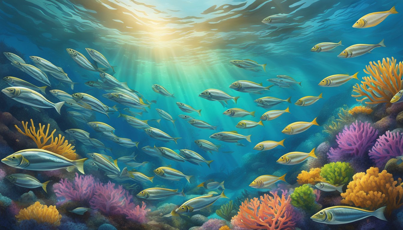 A school of sardines swimming among colorful coral and seaweed in a vibrant underwater reef setting