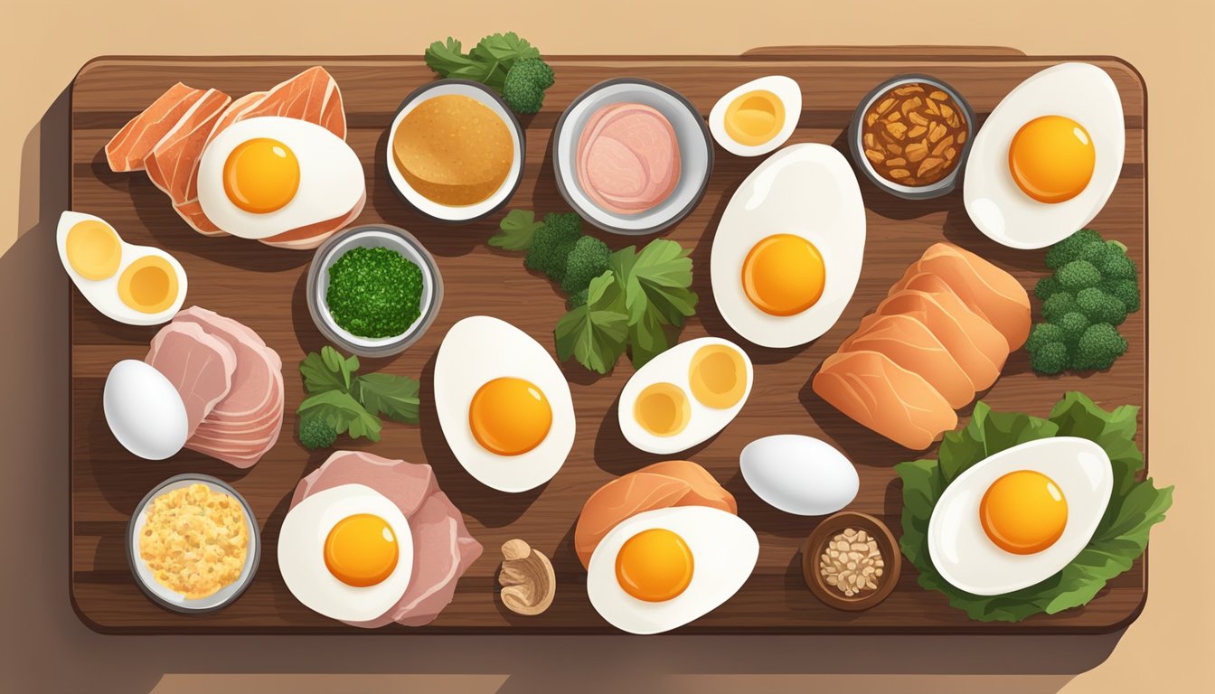 A dozen free-range eggs surrounded by 8 different carnivore diet friendly foods, such as lean meats and fish, arranged on a wooden cutting board