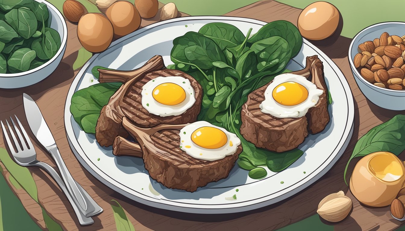 A plate of lamb chops surrounded by thyroid-friendly foods like spinach, eggs, and nuts