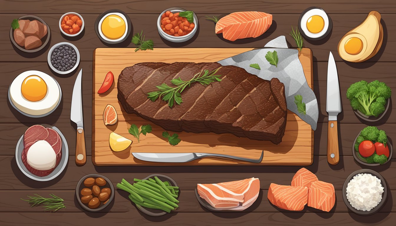 A bison steak surrounded by 7 other heart-healthy carnivore diet foods, such as salmon, eggs, and lean beef, arranged on a wooden cutting board