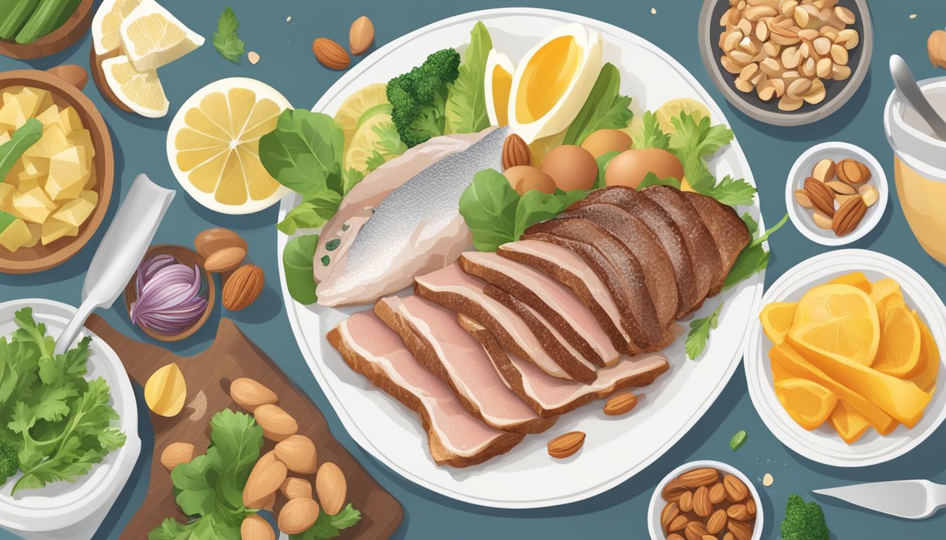 A plate with sliced duck breast, surrounded by 7 other thyroid-friendly foods like fish, eggs, and nuts