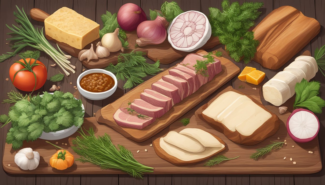 A variety of bone marrow and 8 carnivore diet-friendly foods arranged on a wooden cutting board, surrounded by fresh herbs and spices