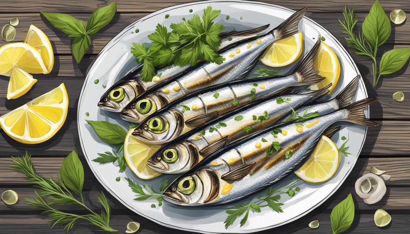 A plate of grilled sardines drizzled with lemon oil, surrounded by fresh herbs and lemon slices, on a rustic wooden table