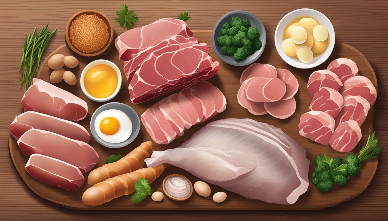 A spread of 8 foods: beef, lamb, pork, chicken, turkey, fish, eggs, and organ meats, arranged on a wooden cutting board