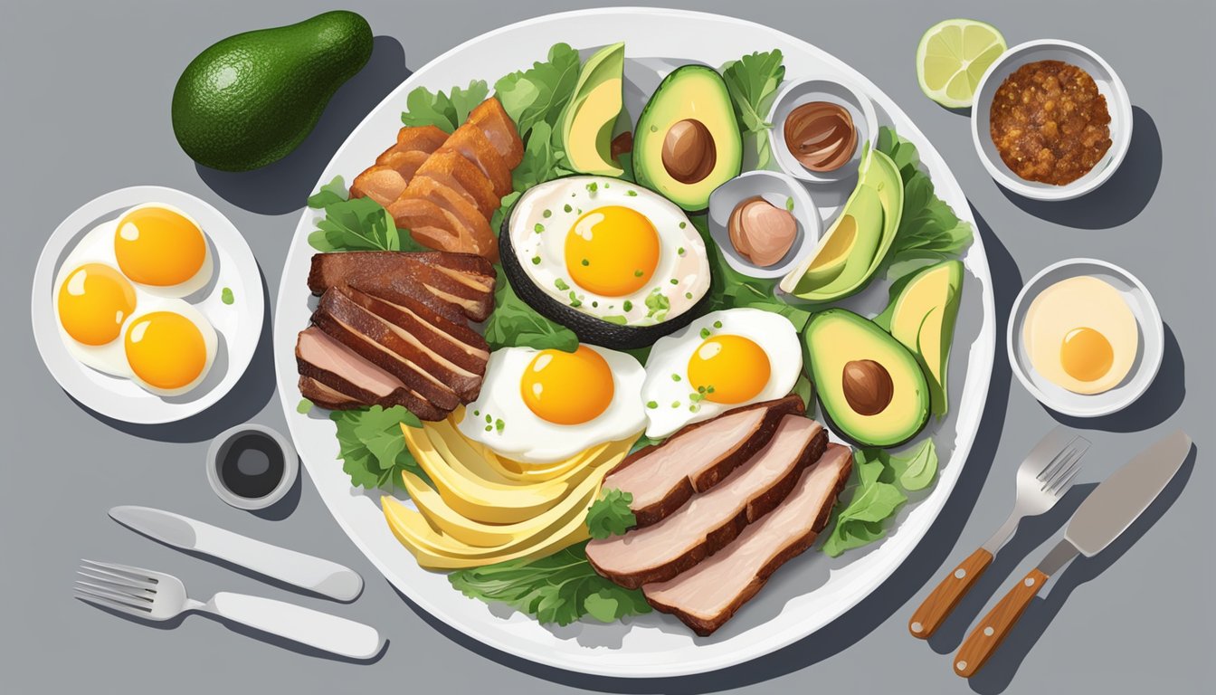 A plate with pork belly, eggs, avocado, and other carnivore diet-friendly foods arranged in a heart shape