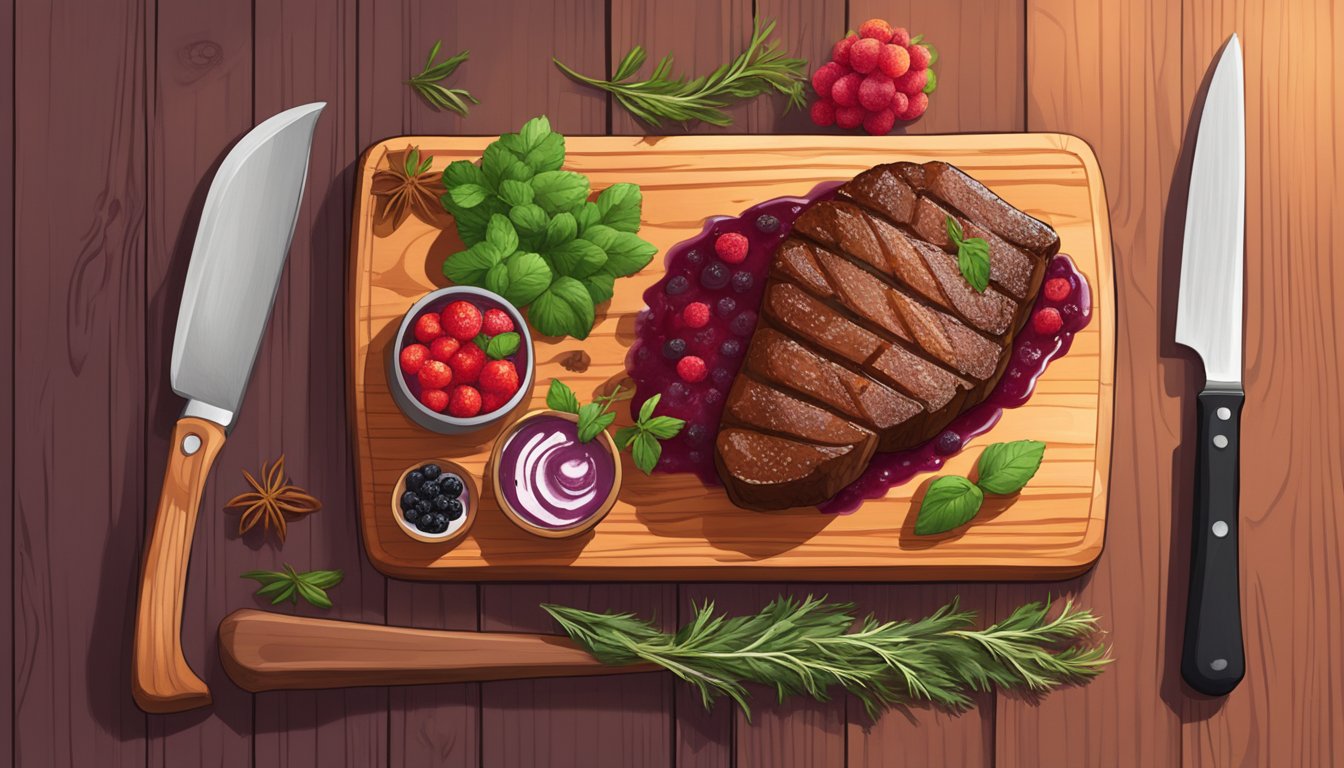 A sizzling buffalo tenderloin steak topped with a vibrant berry compote, surrounded by fresh herbs and spices on a rustic wooden cutting board