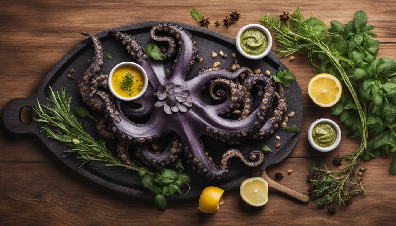 A charred octopus with black garlic aioli served on a rustic wooden platter, surrounded by vibrant herbs and spices