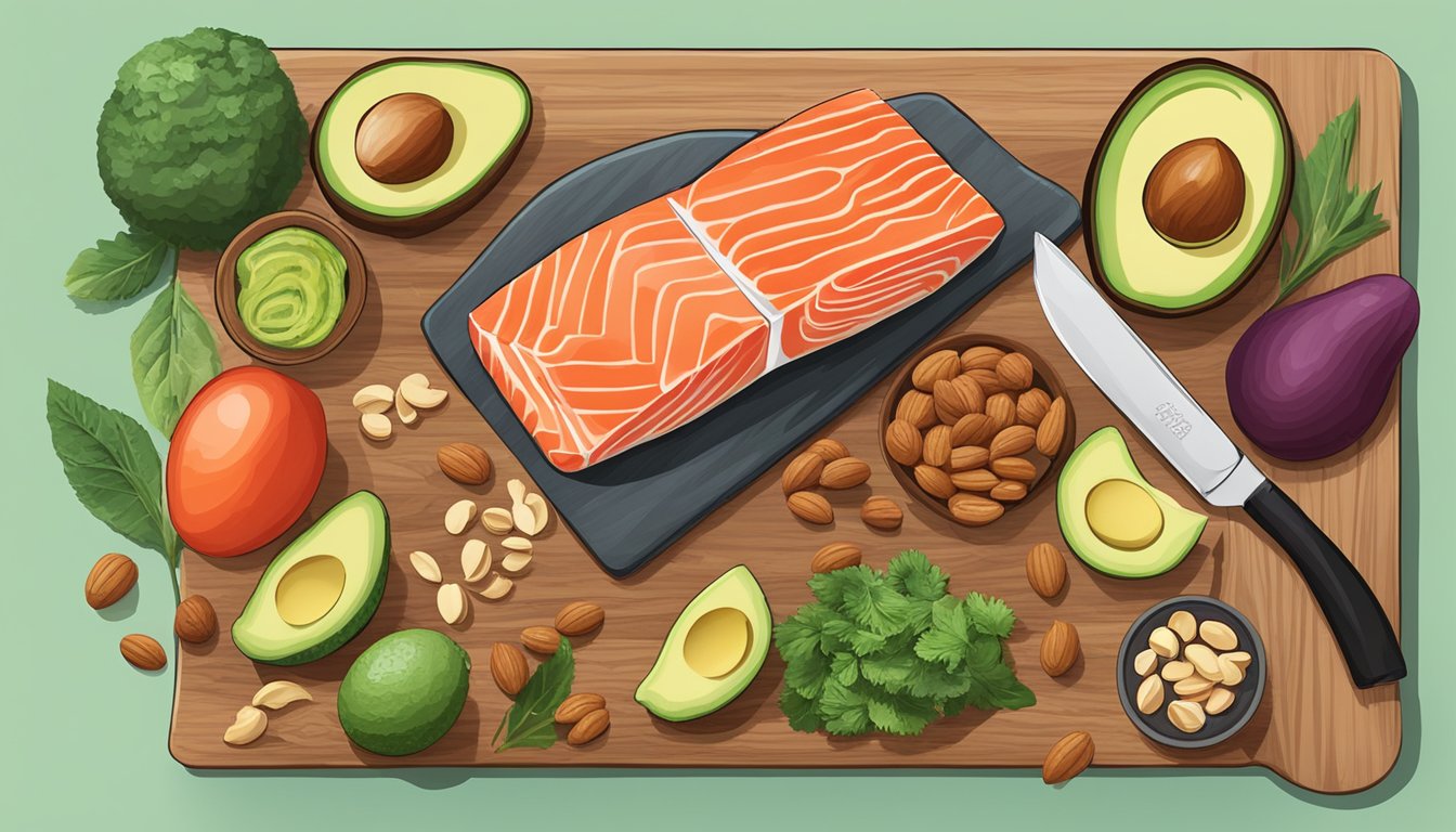 A colorful array of heart-healthy foods, including salmon, avocados, and nuts, arranged on a wooden cutting board with a knife beside them