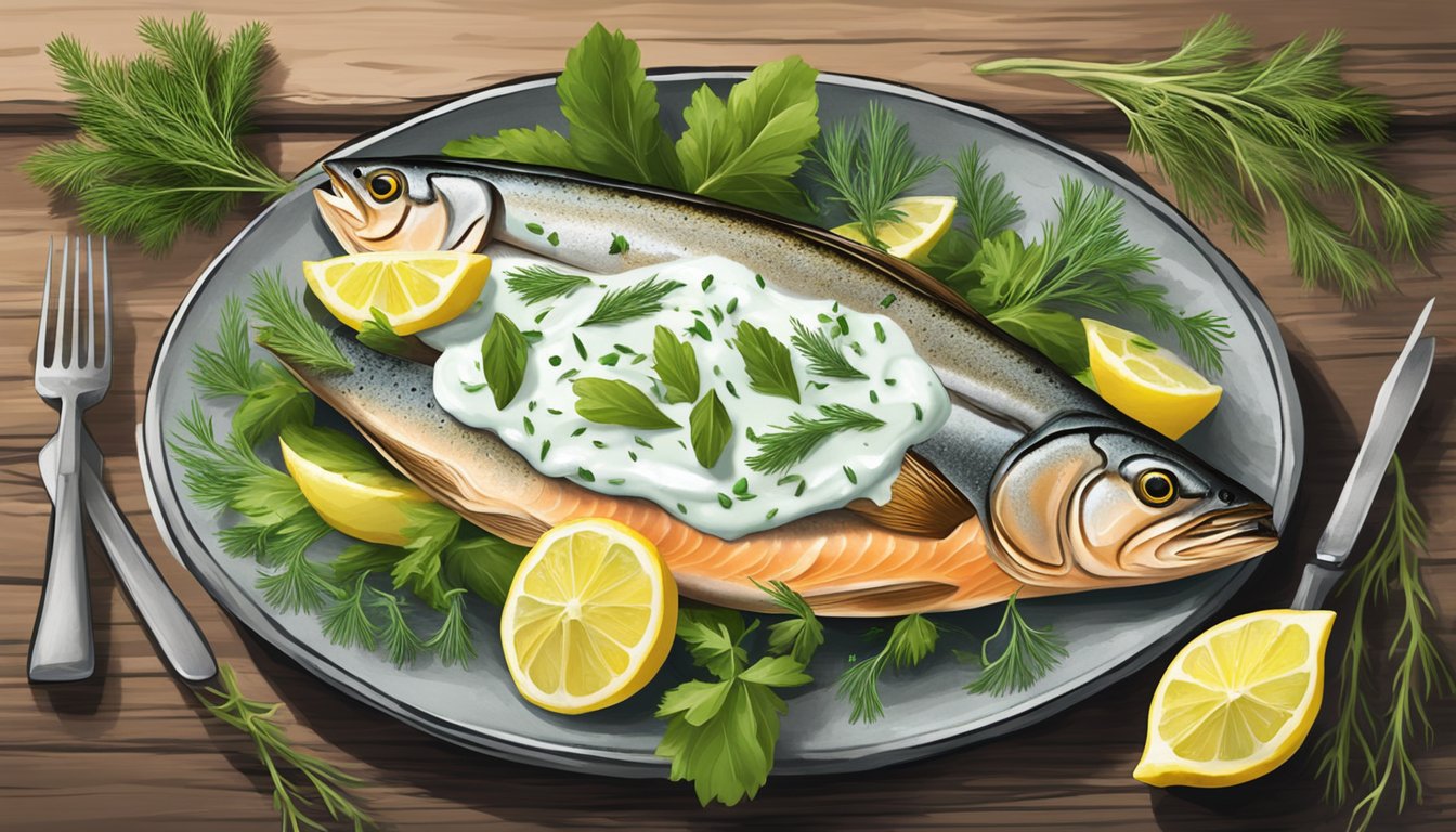 A platter of smoked trout drizzled with dill yogurt sauce, surrounded by fresh herbs and lemon slices, set against a rustic backdrop