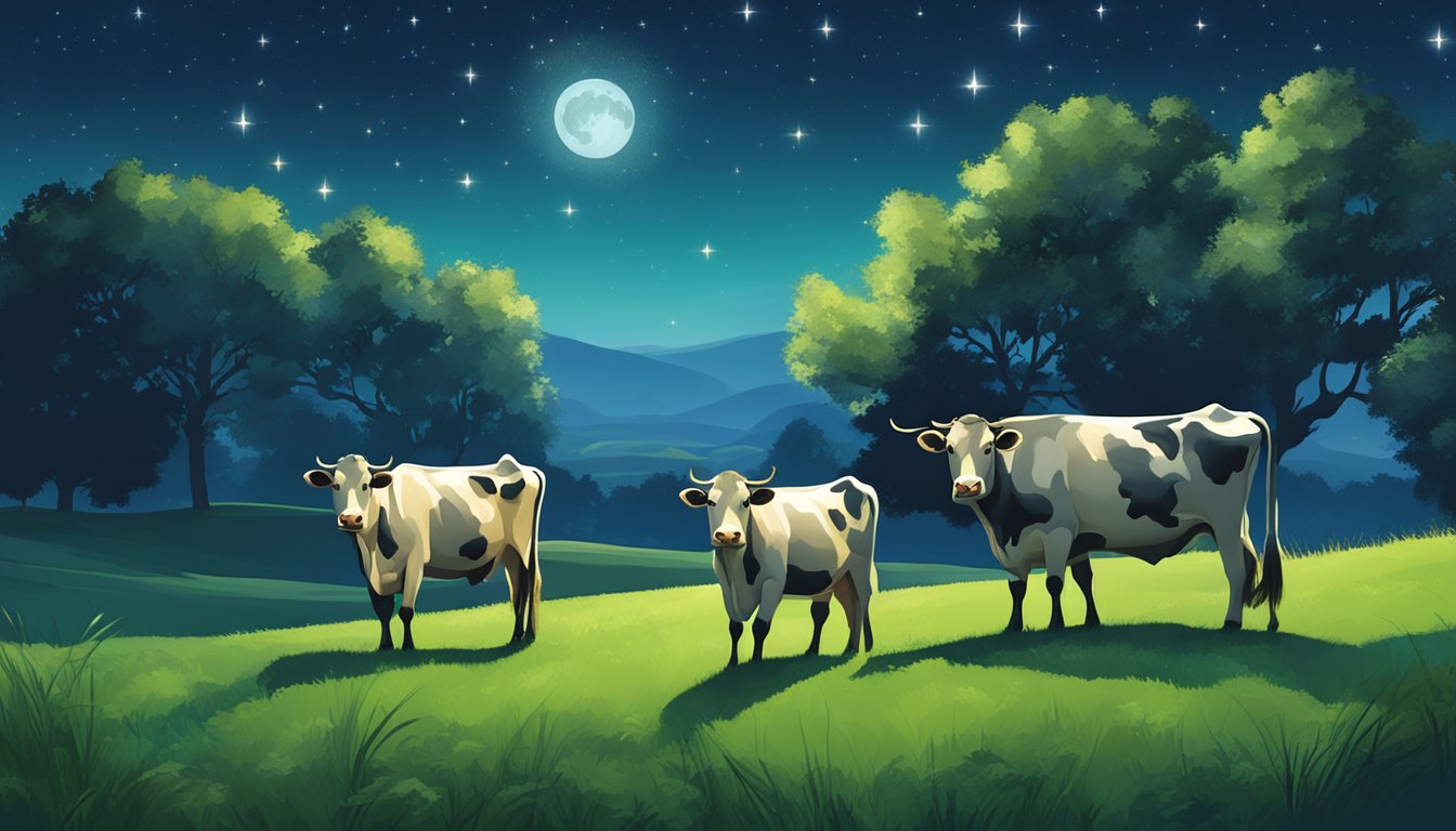 A serene, moonlit pasture with contented cows grazing on lush, green grass under a starry sky