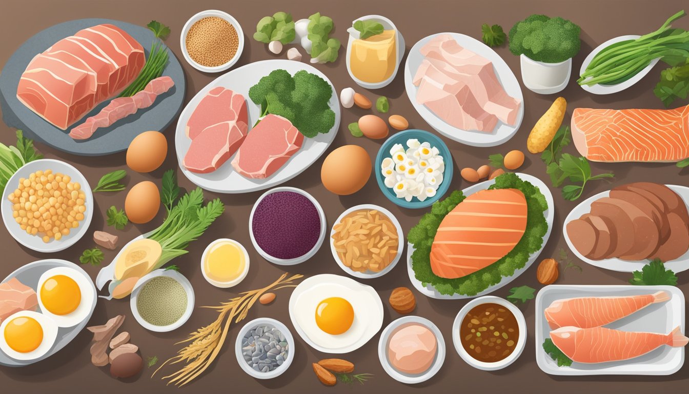 A variety of animal-based foods, such as lean meats, fish, eggs, and dairy, are arranged on a table, showcasing their nutrient density and potential benefits for heart health