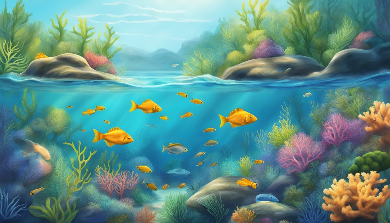 A serene underwater scene with a variety of omega-3-rich fish swimming peacefully in their natural habitat, surrounded by vibrant coral and aquatic plants