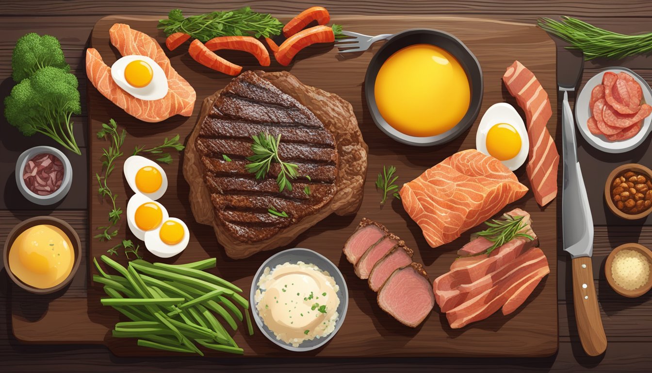 A sizzling ribeye steak surrounded by 7 other carnivore diet friendly foods, such as eggs, bacon, and salmon, all arranged on a wooden cutting board