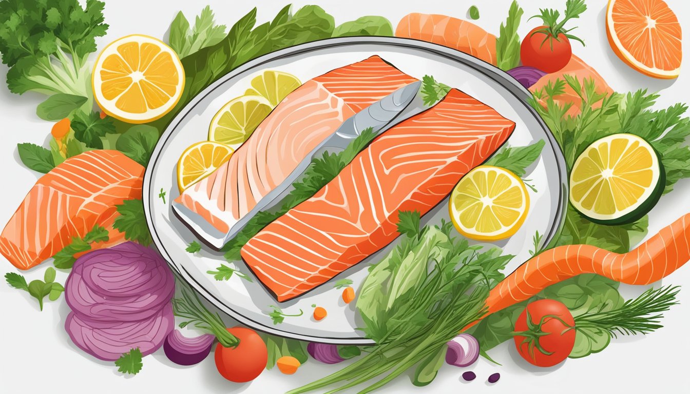 A plate of fresh salmon fillets surrounded by colorful vegetables and herbs, emphasizing a carnivore diet for mental clarity