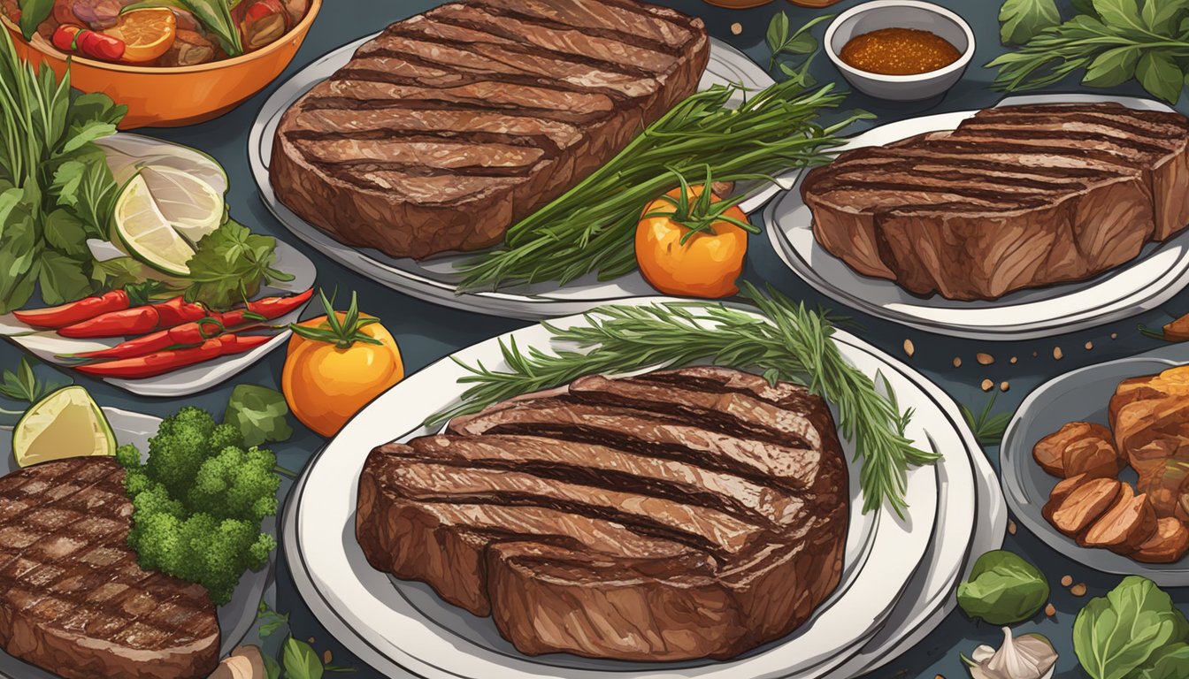 A plate of juicy, marbled steaks sizzling on a grill, surrounded by fresh herbs and spices