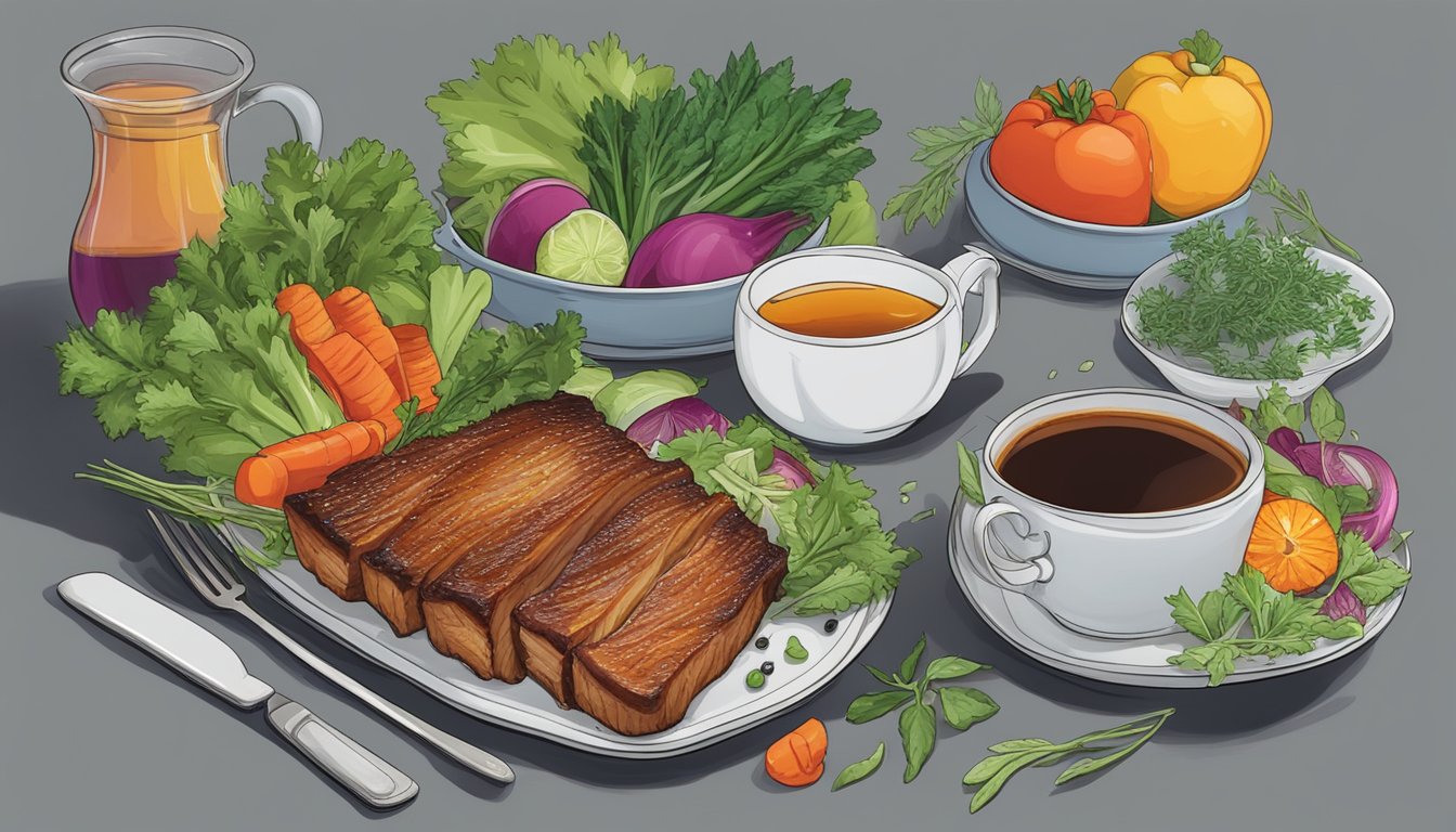 A sizzling pork belly on a plate surrounded by colorful vegetables and herbs, with a steaming cup of herbal tea next to it