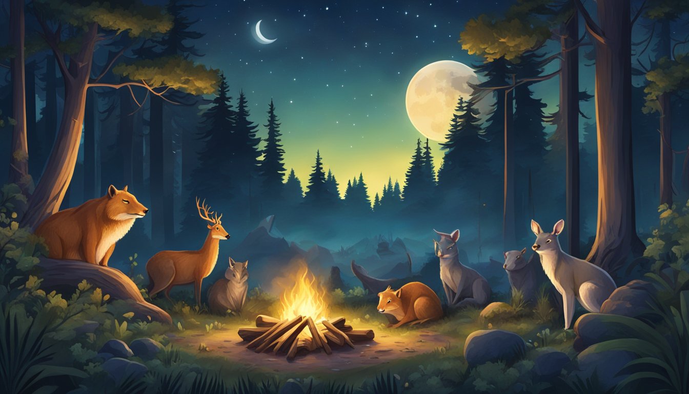 A serene nighttime forest clearing with a campfire surrounded by various carnivorous animals resting peacefully under the stars