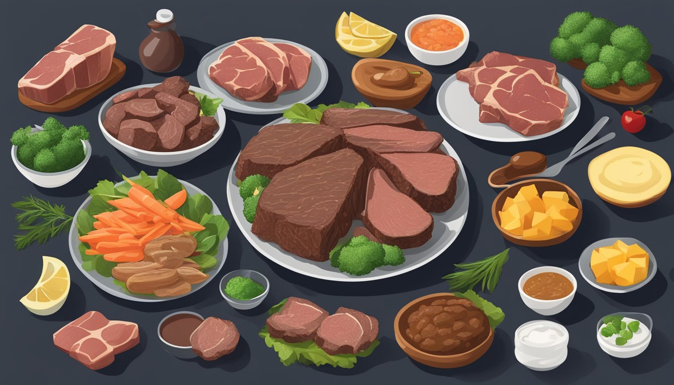 A plate of beef liver surrounded by 7 other carnivore diet friendly foods, arranged in a visually appealing manner