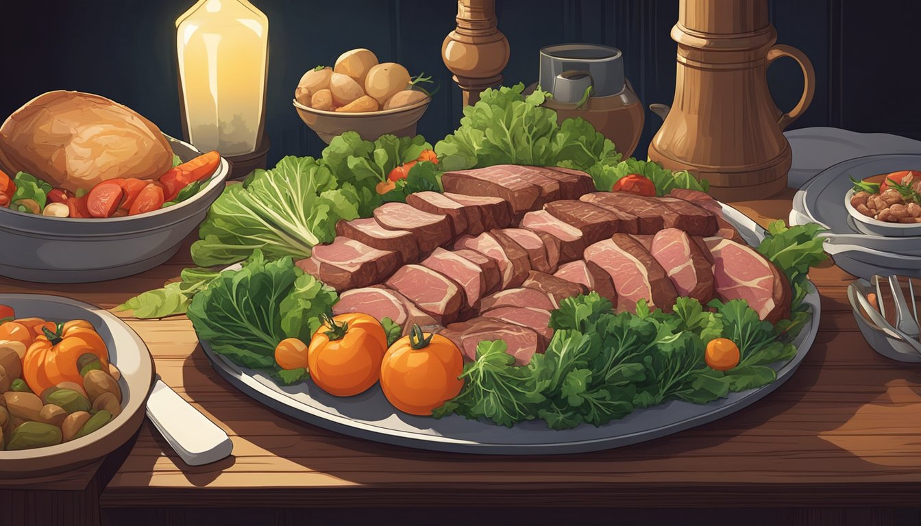 A plate with various cuts of meat, surrounded by leafy greens and vegetables, sits on a wooden table under a dimly lit lamp