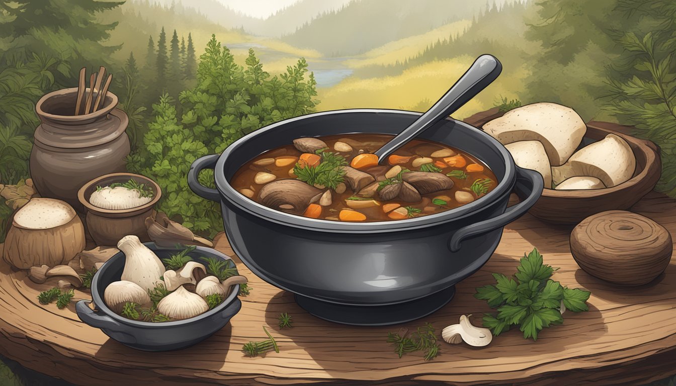 A rustic wooden table set with a steaming bowl of elk stew, surrounded by foraged wild mushrooms and herbs