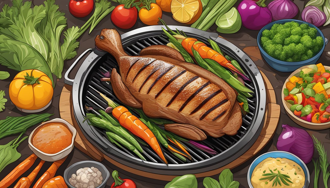 A duck breast sizzling on a grill surrounded by vibrant, colorful vegetables and herbs