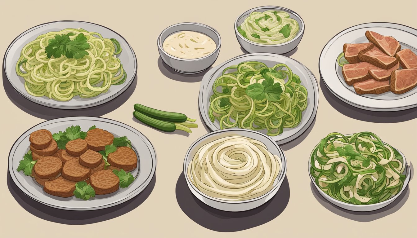 A plate of zucchini noodles topped with creamy alfredo sauce, surrounded by eight different types of meat-based substitutes for popular foods