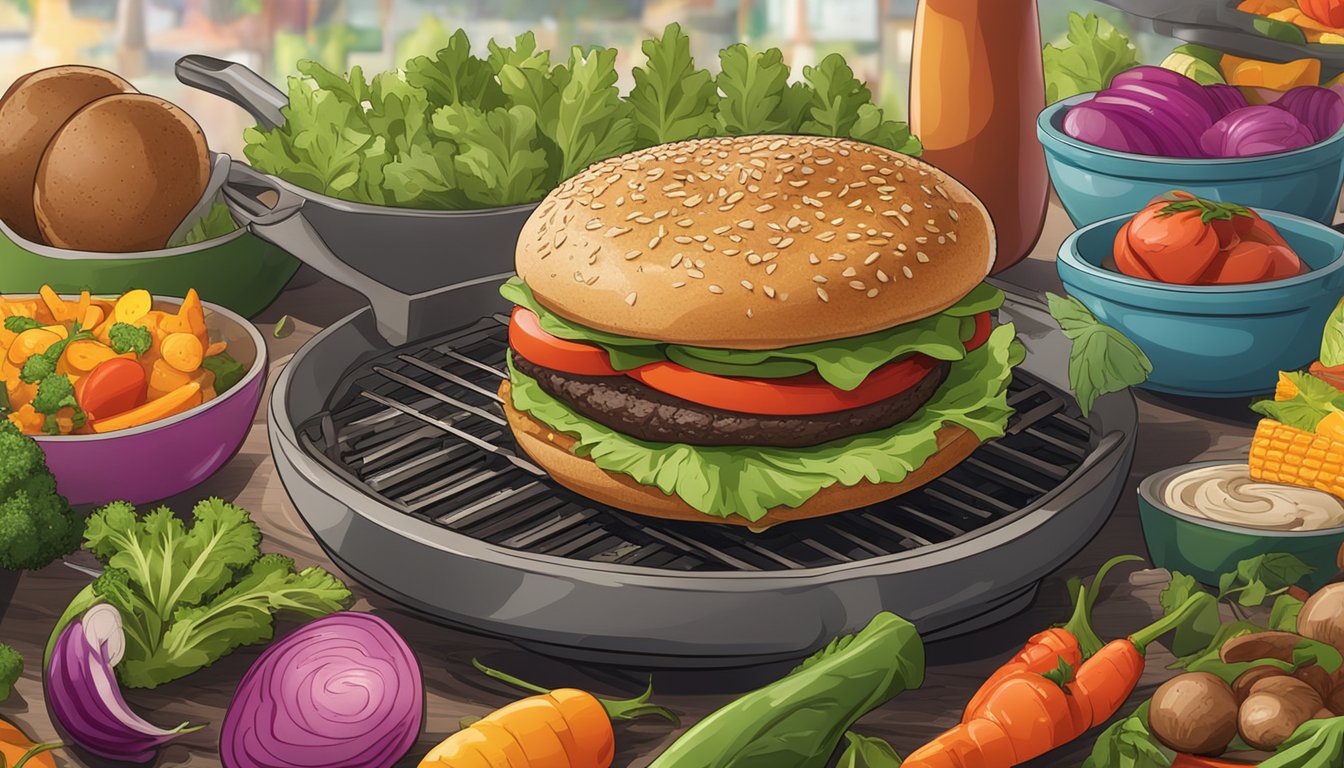 A sizzling portobello mushroom burger on a grill, surrounded by colorful vegetables and herbs, with a variety of meat substitutes in the background