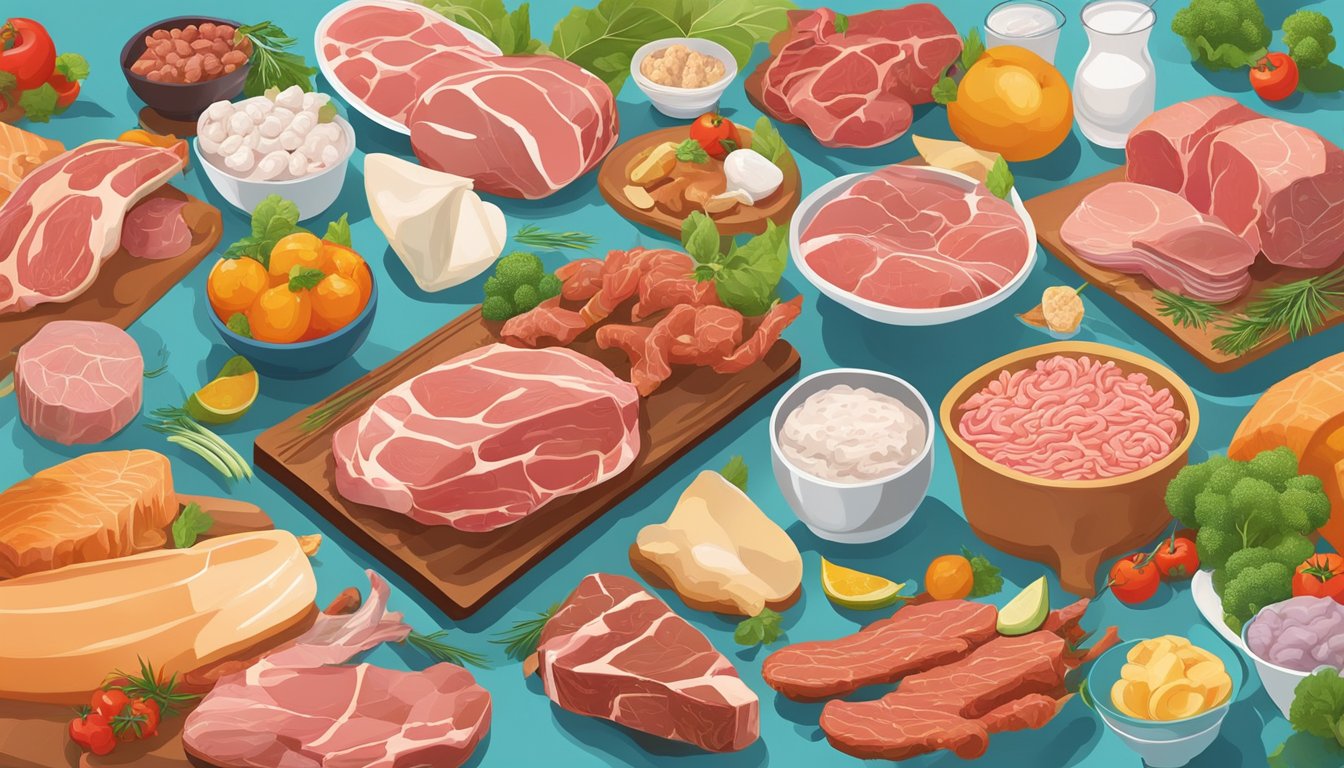 A vibrant, colorful illustration of a variety of fresh meats and animal products, surrounded by energetic symbols and imagery representing increased vitality and mental clarity