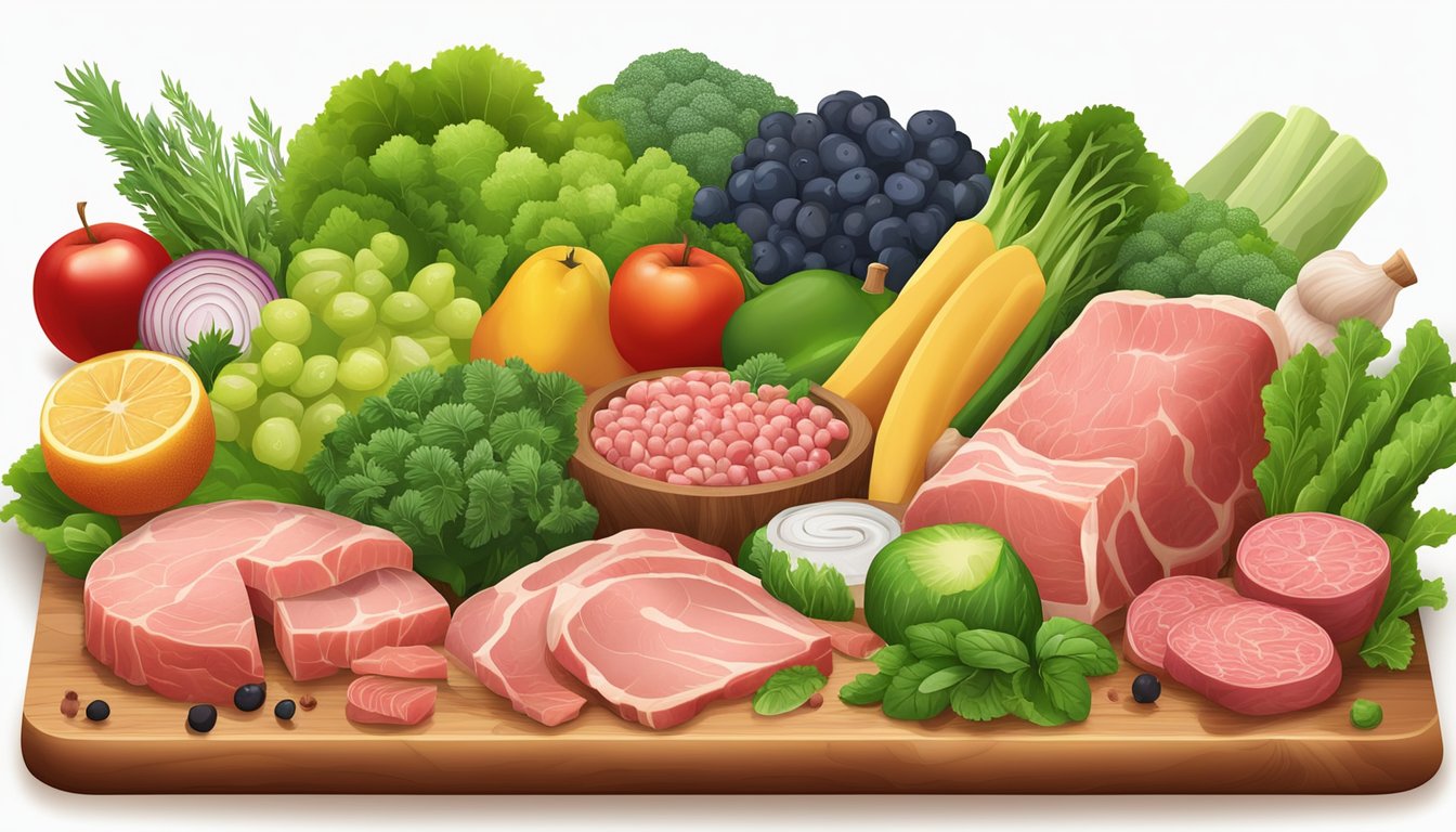 A variety of fresh, raw meats and animal products arranged on a wooden cutting board, surrounded by vibrant green vegetables and fruits