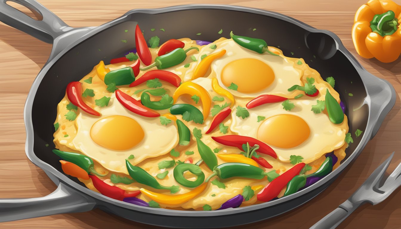 A sizzling omelette filled with gooey cheese and colorful peppers cooking in a hot skillet