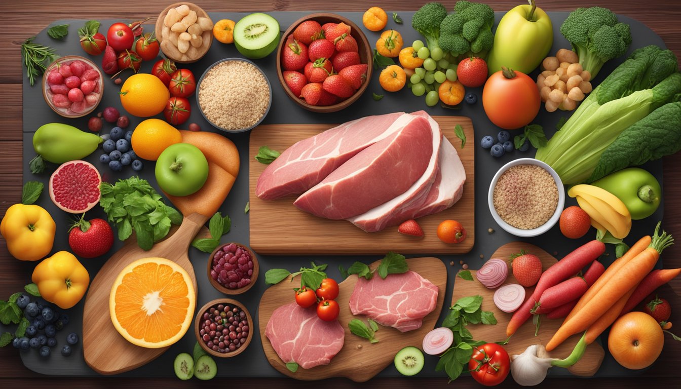 A variety of fresh, raw meats and animal products arranged on a wooden cutting board, surrounded by vibrant, colorful fruits and vegetables