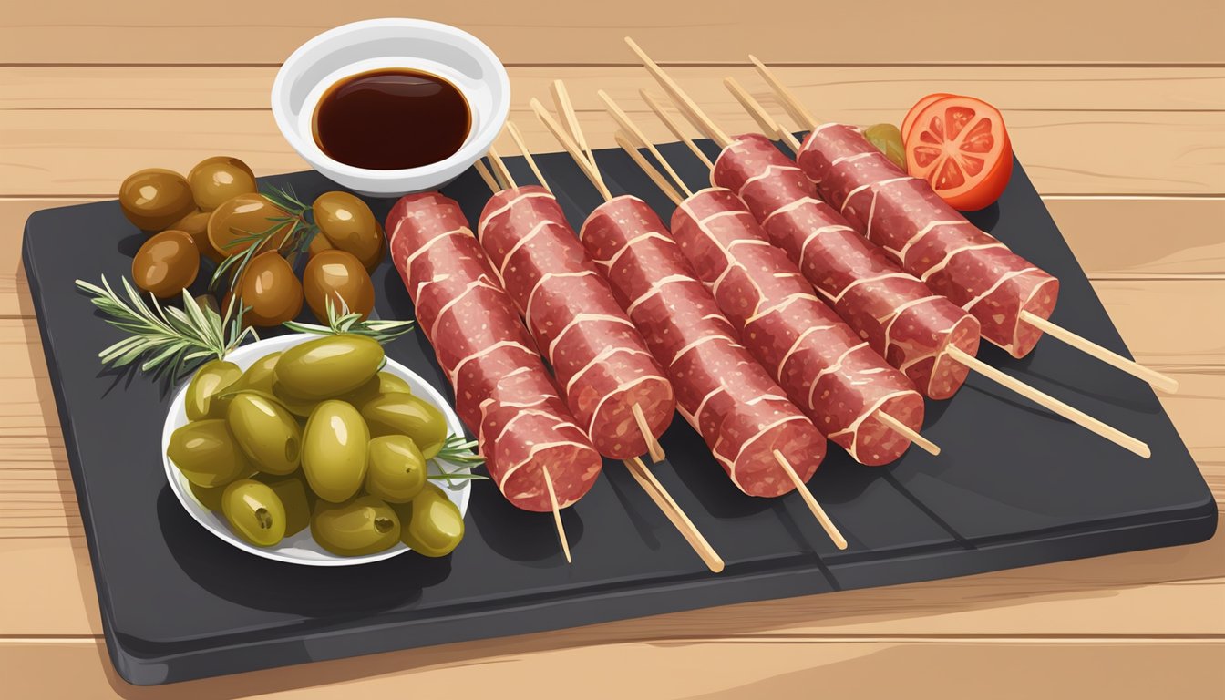 A platter of salami and olive skewers arranged on a wooden board