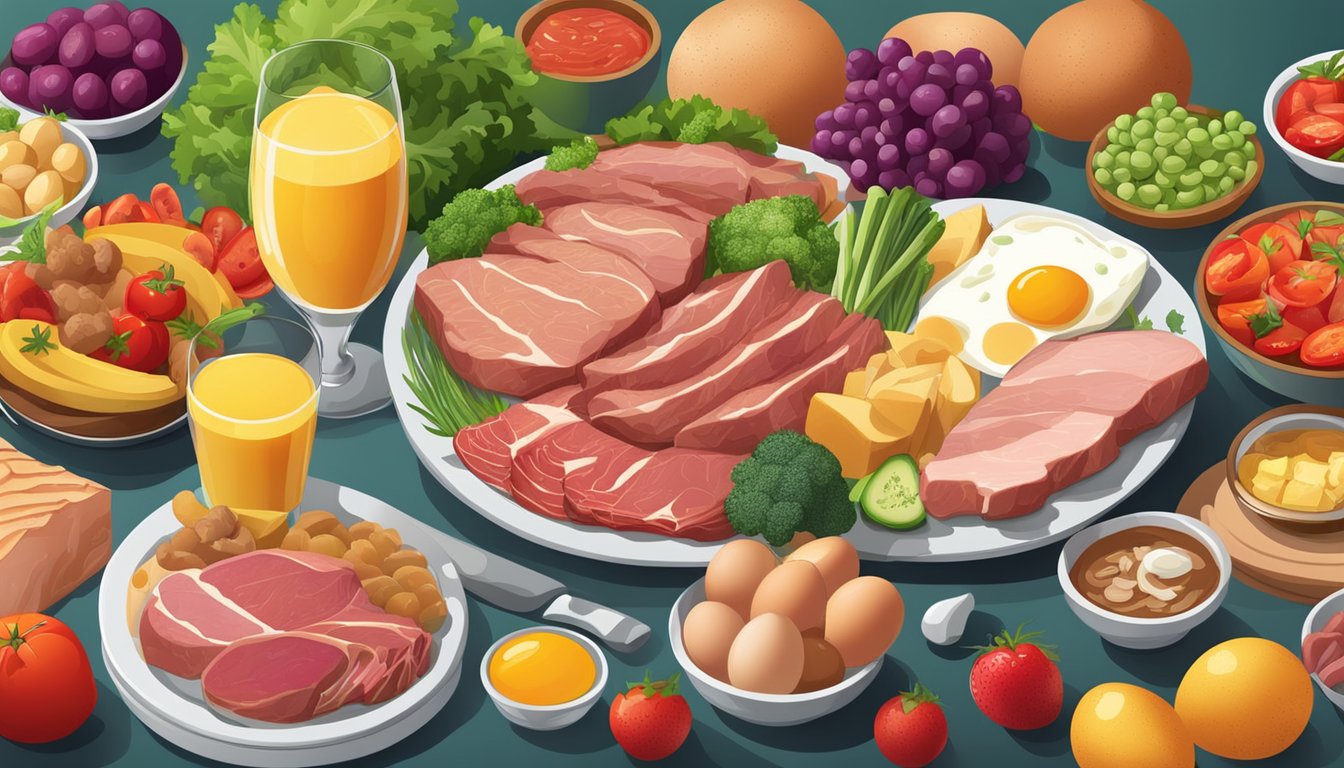 A vibrant, colorful plate filled with various types of meat, eggs, and dairy, surrounded by fresh vegetables and fruits