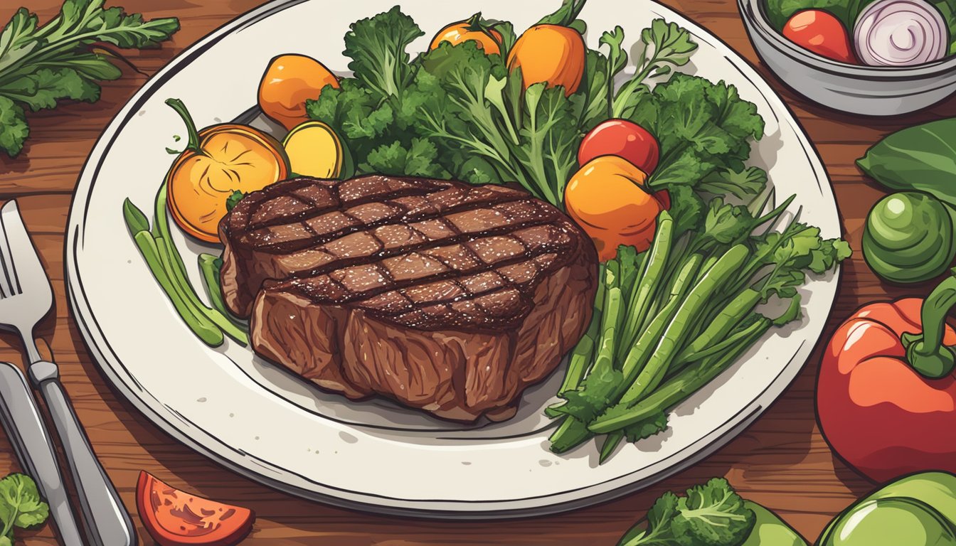 A sizzling ribeye steak surrounded by fresh vegetables and herbs, symbolizing a 90-day carnivore diet plan for improved health and well-being