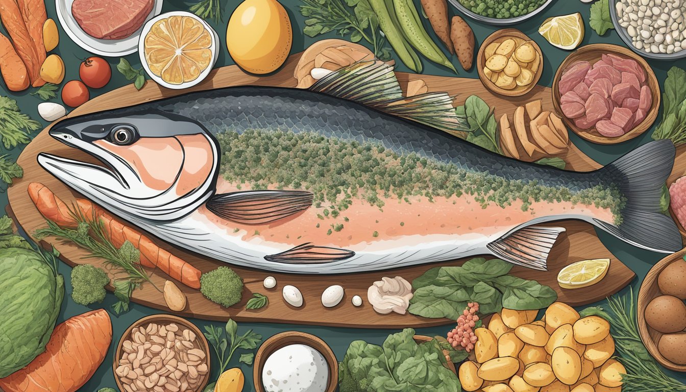 A wild-caught salmon surrounded by various carnivorous foods, such as meat and eggs, arranged in a 90-day plan format, with a focus on well-being and symptom alleviation