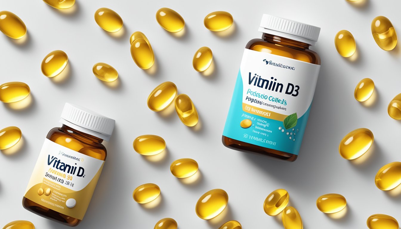 A bottle of Vitamin D3 softgels surrounded by 8 different supplements, such as fish oil, omega-3, and vitamin B12, on a clean, white surface