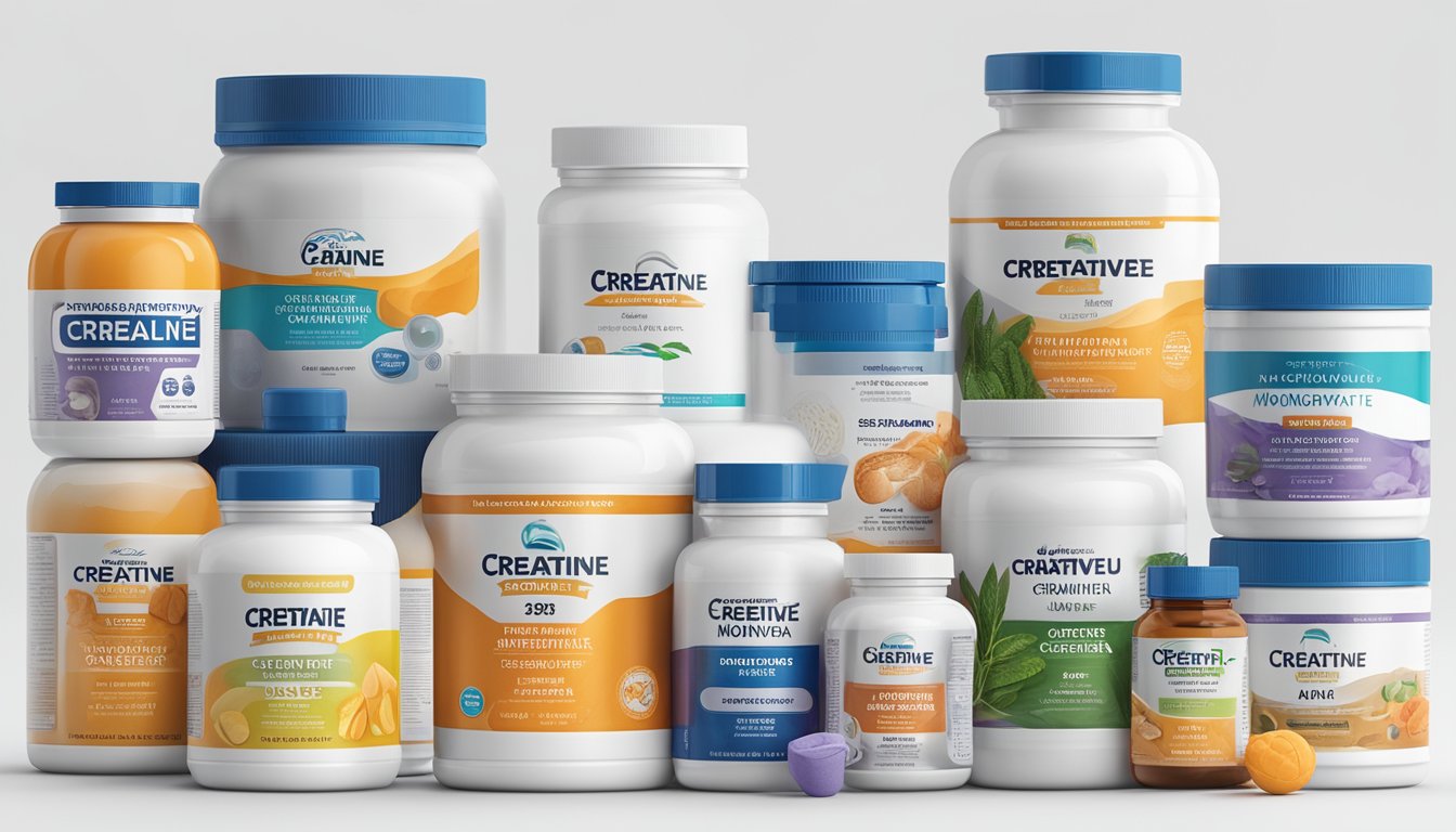 A collection of 8 different supplements commonly used in the carnivore diet, including a prominent jar of Creatine Monohydrate, arranged on a clean, white surface