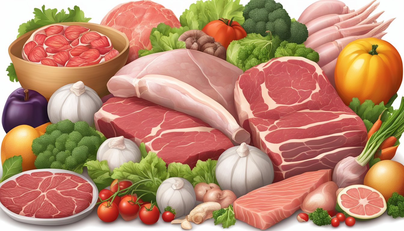 A variety of raw meats, including beef, chicken, and fish, surrounded by fresh fruits and vegetables, with bone marrow prominently displayed