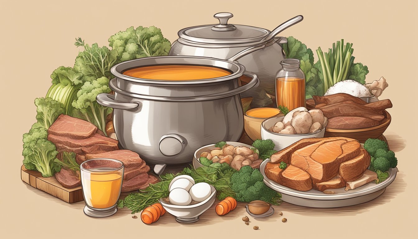 A steaming pot of beef bone broth surrounded by various cuts of meat, eggs, and vegetables, all arranged in a neat and organized manner