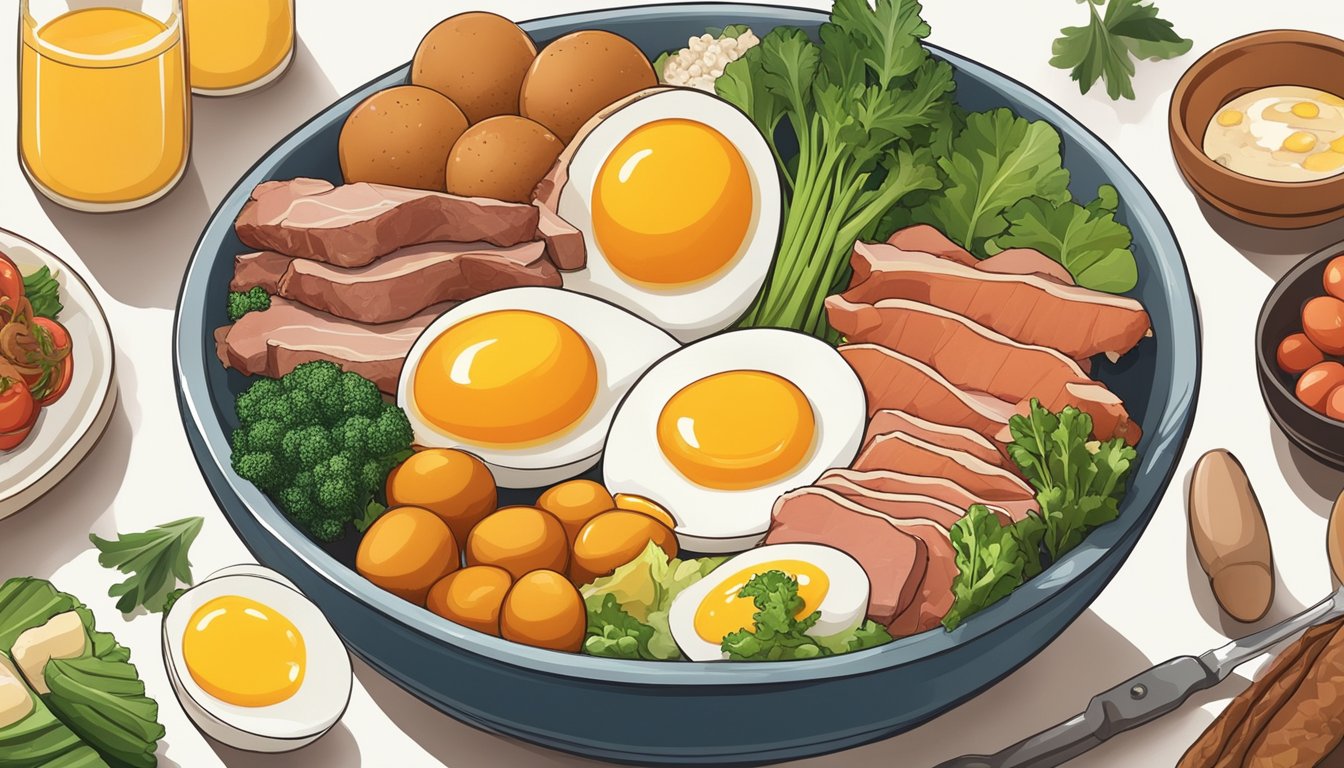 A bowl of egg yolks surrounded by various meats and vegetables, symbolizing a 90-day carnivore diet plan for improved health