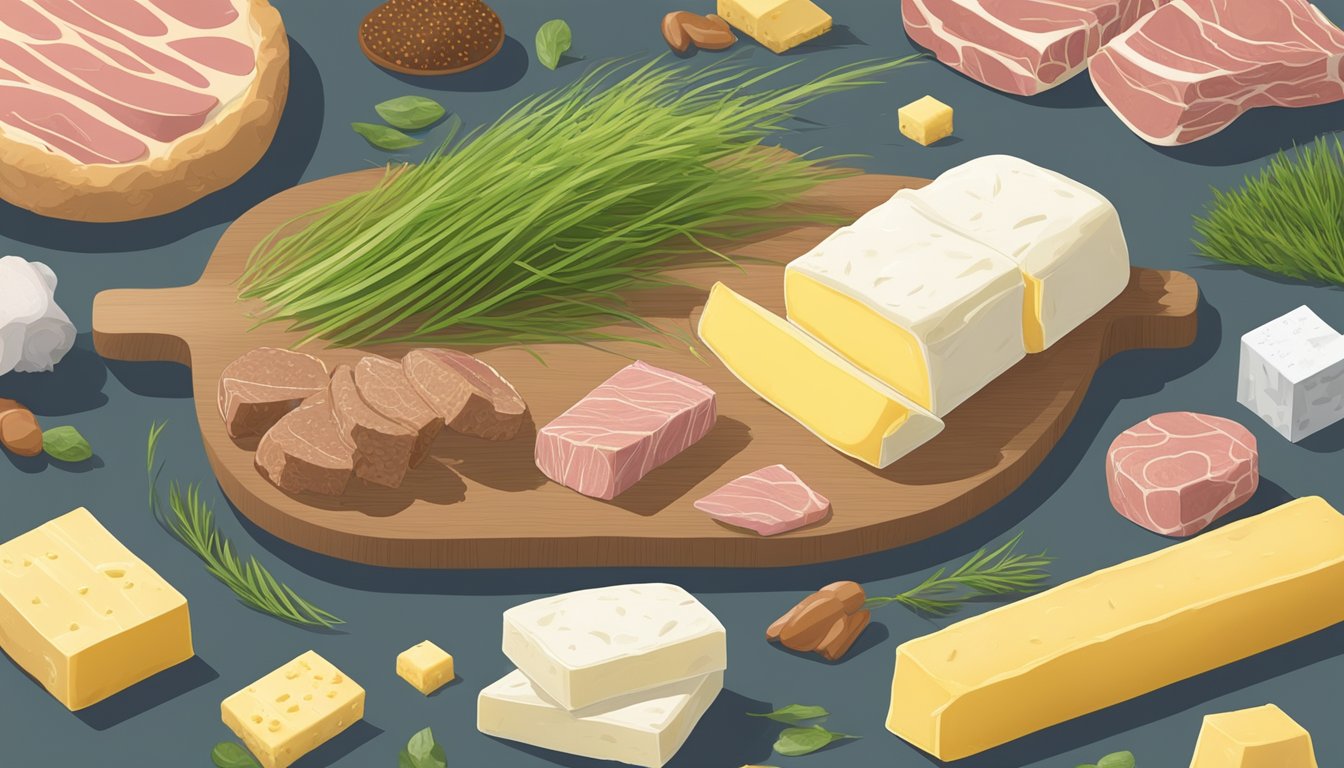 A slab of grass-fed butter surrounded by a variety of meats and animal products, with a calendar showing 90 days marked off in the background