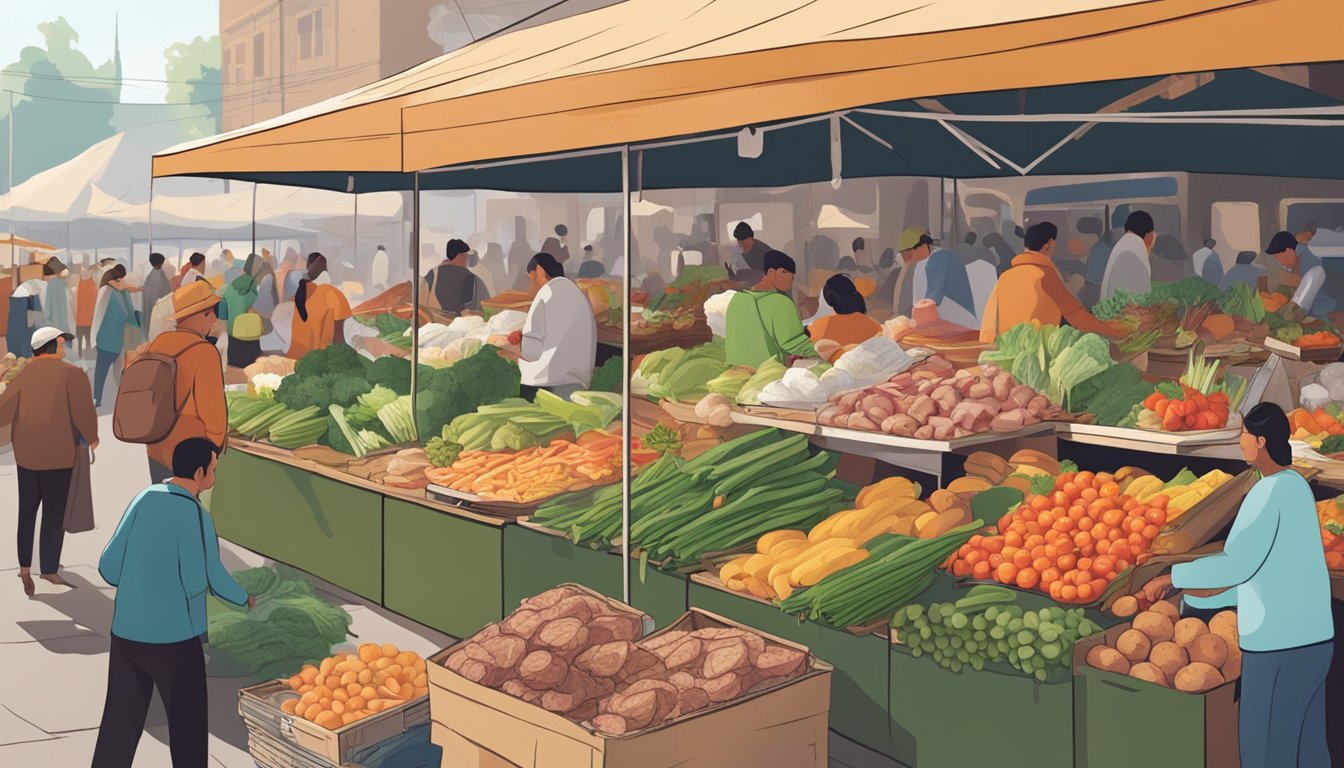 A farmer's market stall piled high with fresh produce and meat, surrounded by bustling activity and customers making bulk purchases