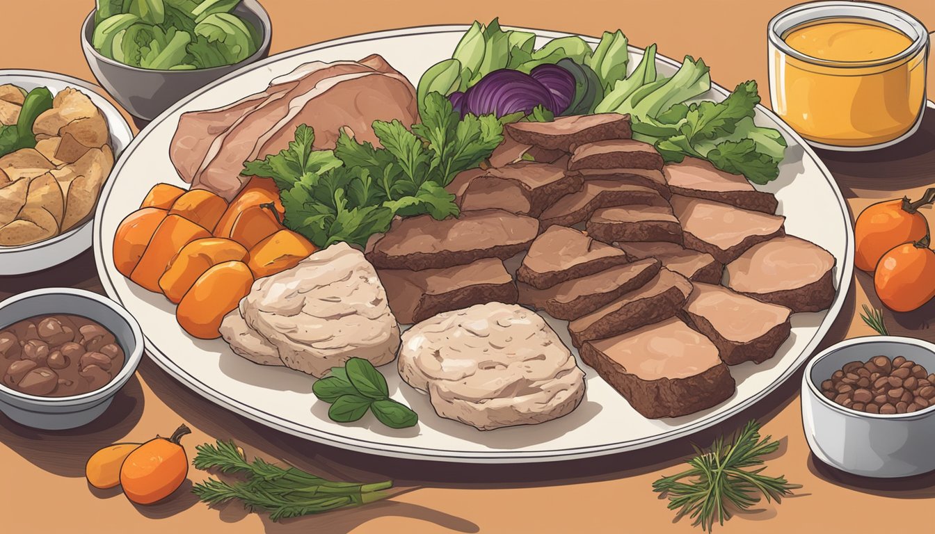 A plate of chicken liver pâté surrounded by various meats and vegetables, representing a 90-day carnivore diet plan for health and wellness