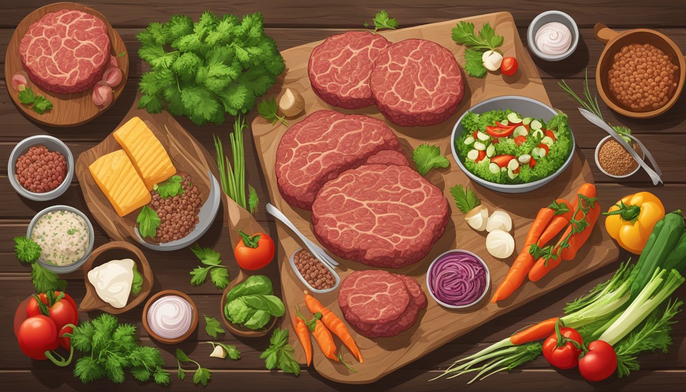 A variety of ground beef dishes surrounded by fresh vegetables and herbs, displayed on a rustic wooden table