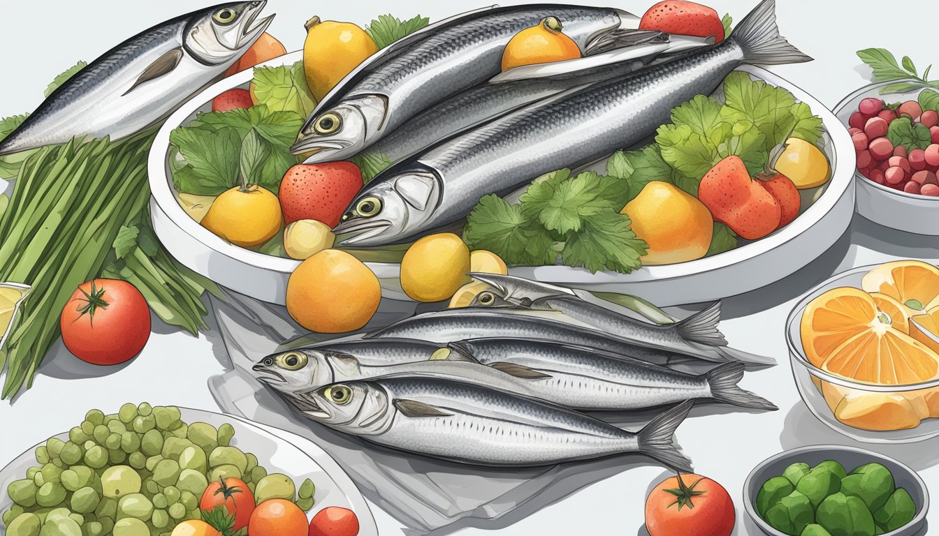 A pile of whole sardines arranged next to a 90-day diet plan, surrounded by various fruits and vegetables