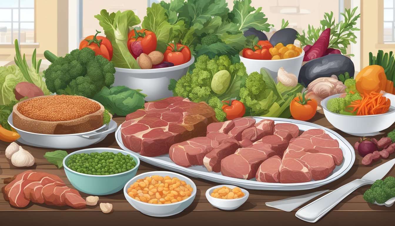 A table set with fresh ox kidneys, surrounded by various meats and vegetables, with a calendar showing 90 days marked off