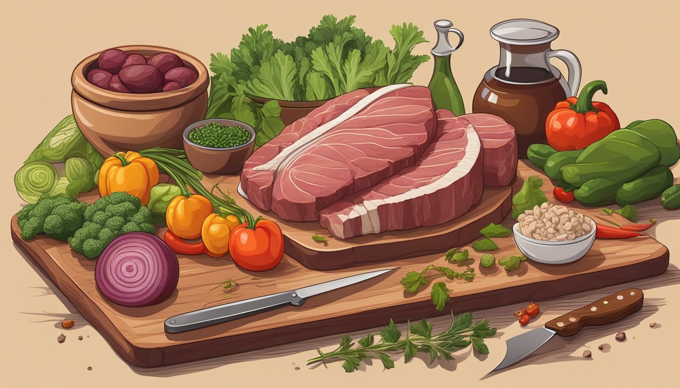 A variety of organ meats arranged on a rustic wooden table, surrounded by vibrant vegetables and herbs, with a knife and cutting board nearby