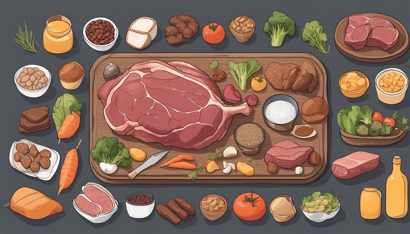 A beef heart surrounded by various meats and animal products, with a calendar showing 90 days marked off to represent the carnivore diet plan