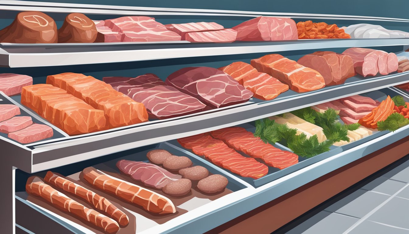 A variety of meat products on sale at a grocery store, displayed in an organized and appealing manner