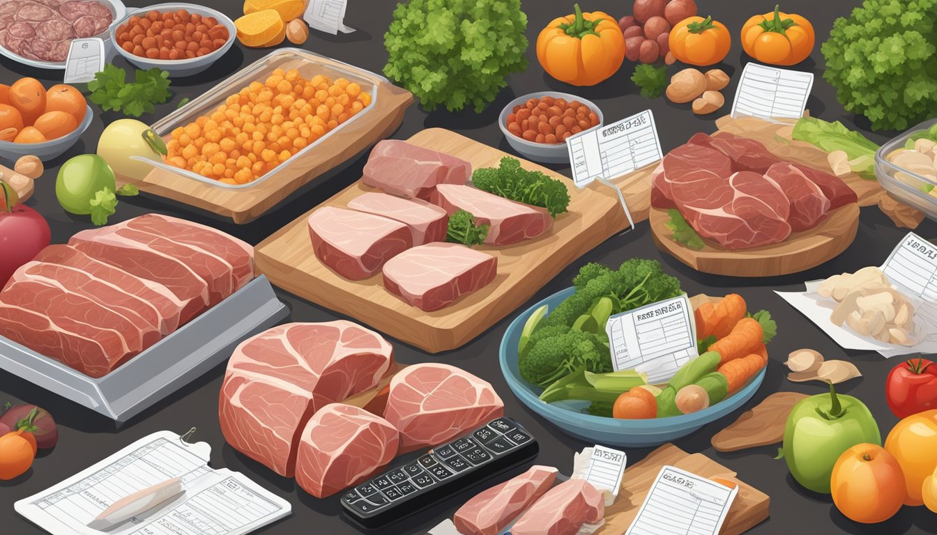 A variety of meats arranged in bulk orders with price tags, surrounded by vegetables and fruits, with a calculator and budgeting notes nearby